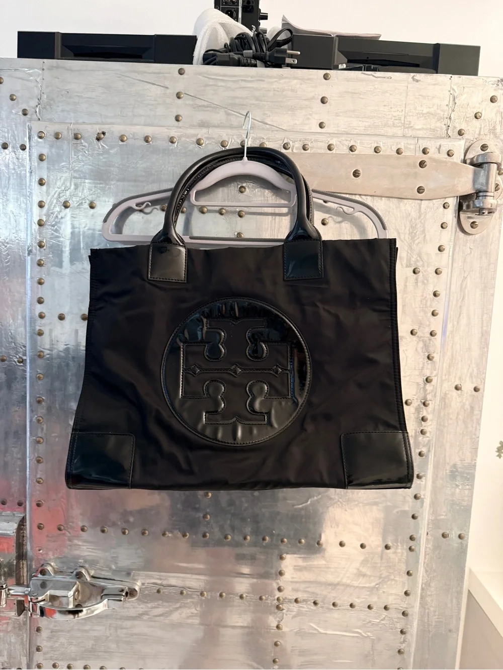 Tory Burch Black Logo Nylon Tote with Leather Trim
